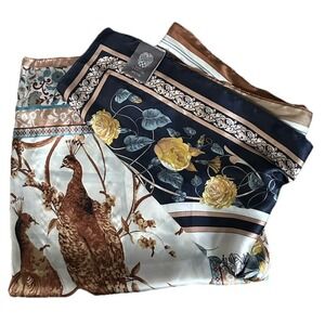 Vince Camuto Rectangle Scarf Peacock Floral Gold Blue Brown Parisian Chic Read
